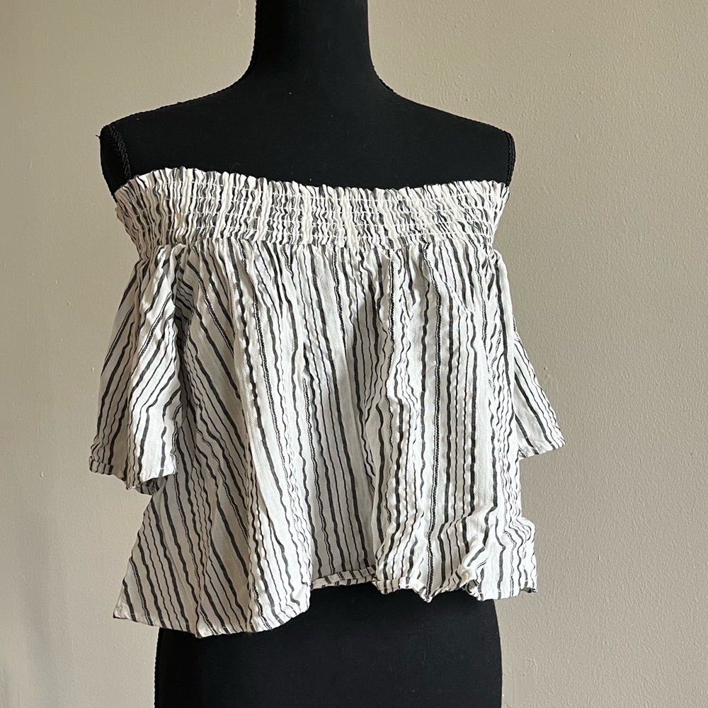 Kimchi Blue Black and Off White Striped Off-Shoulder Blouse